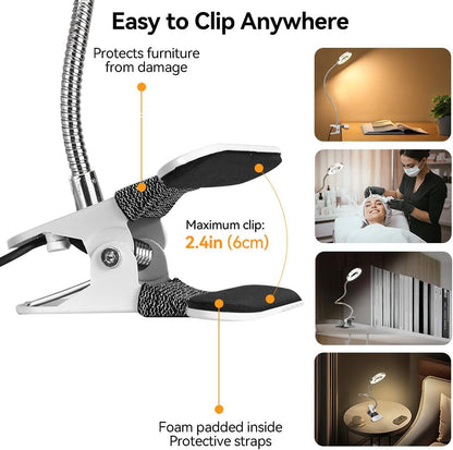 Skymore Clip on Light -3 Color Modes&10 Brightness LED Reading Desk Light with Clamp Flexible Gooseneck Book Light for Kids' Bedtime Reading, Zoom Meetings, Clip on Table, Headboard, Dorm&Office Use