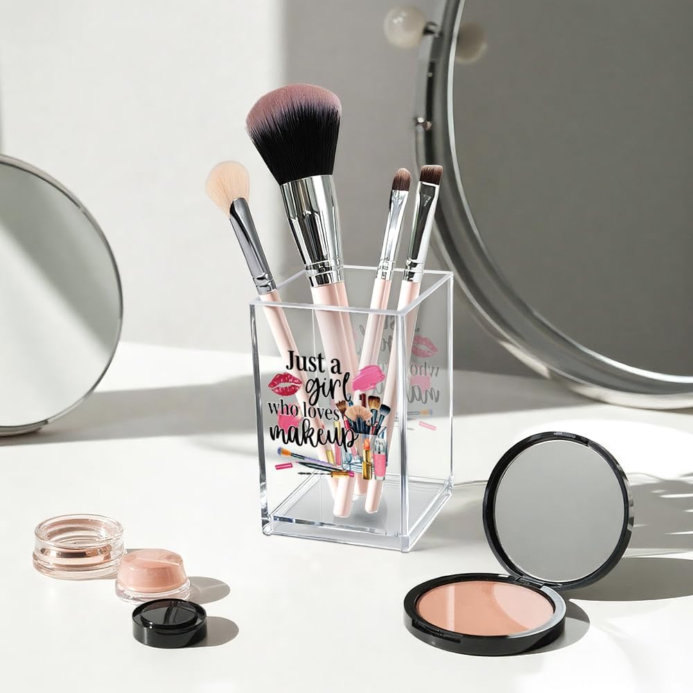 Better Late Than Ugly Acrylic Makeup Brush Organizer Holder, Self Affirmations Desk Acrylic Brushes Storage, Make Up Artist Gifts, Birthday Gifts for Her Wife Sister Friend Makeup Lovers
