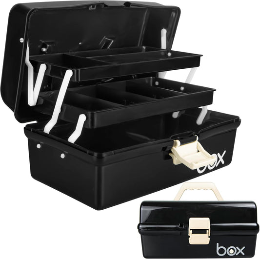 TERGOO 12in Three-Layer Multipurpose Storage Box Organizer Folding Tool Box/Art & Crafts Case/Sewing Supplies Organizer/Medicine Box/Family First Aid Box with 2 Trays (Black)…