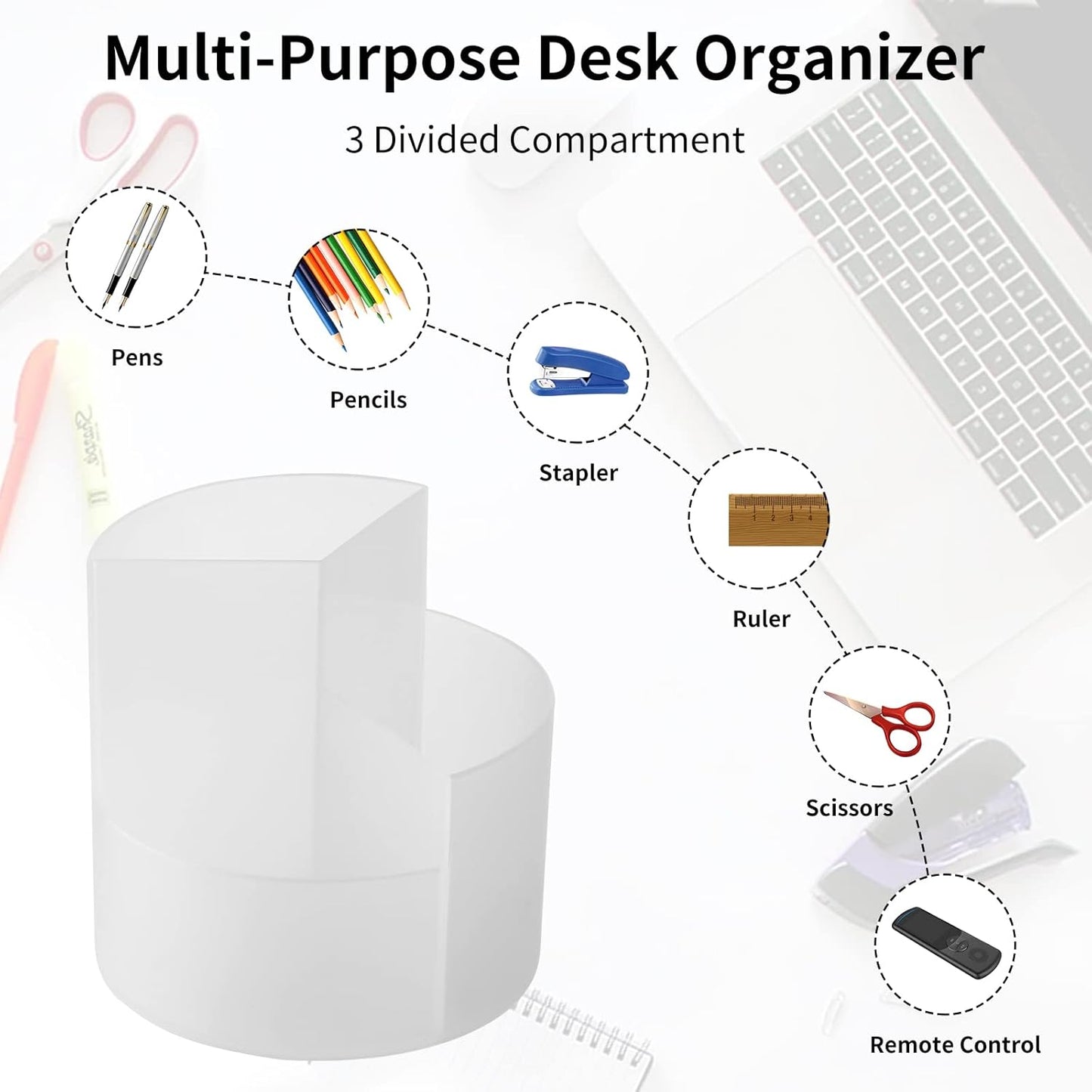 Desk Pencil Pen Holder, 3 Slots 360-Degree Spinning Organizers, Desktop Storage Stationery Supplies, Cute Cup Pot for Office, School, Art Supply, Kids - White
