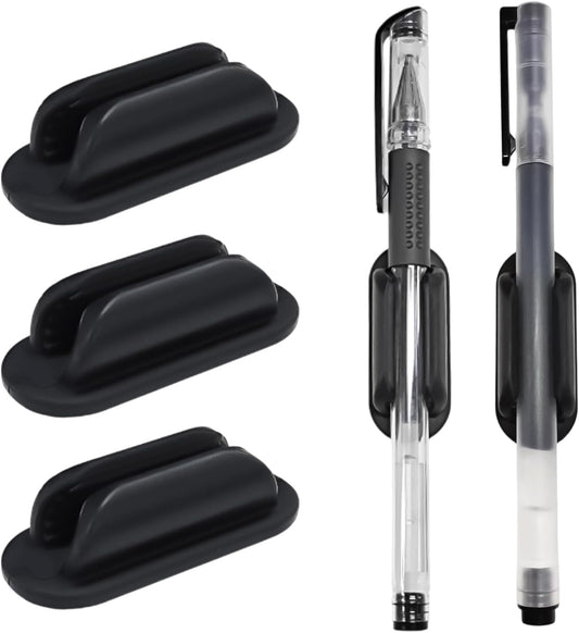 TENOC 3 Pack Adhesive Pen Holder, Silicone Pencil Holder for Desk & Wall, Flexible Marker Clip Organizer for Classroom, Car, Clipboard & Office, Oval, Black