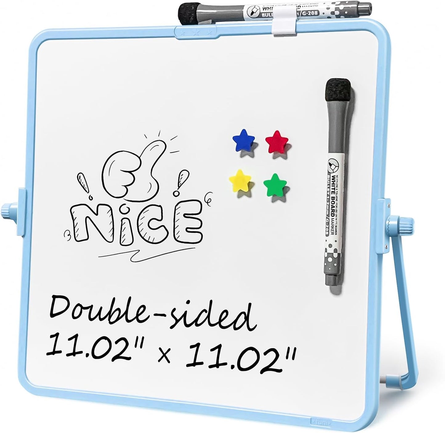 Colorful Dry Erase White Board 8.3x11in, Magnetic Desktop Board with Stand, 2 Markers (Eraser Head), 4 Magnets - Double-Sided Easel for Daily Planning, Memo, Office/Home/School (Blue)