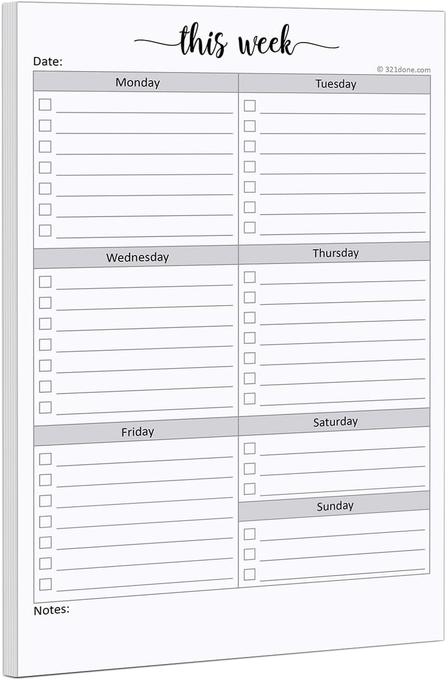 321Done Weekly Checklist Notepad - 50 Sheets (5.5" x 8.5") - This Week to Do Notepad Tear Off Planning Pad, Planner Checklist Organizing - Made in USA - Simple Script