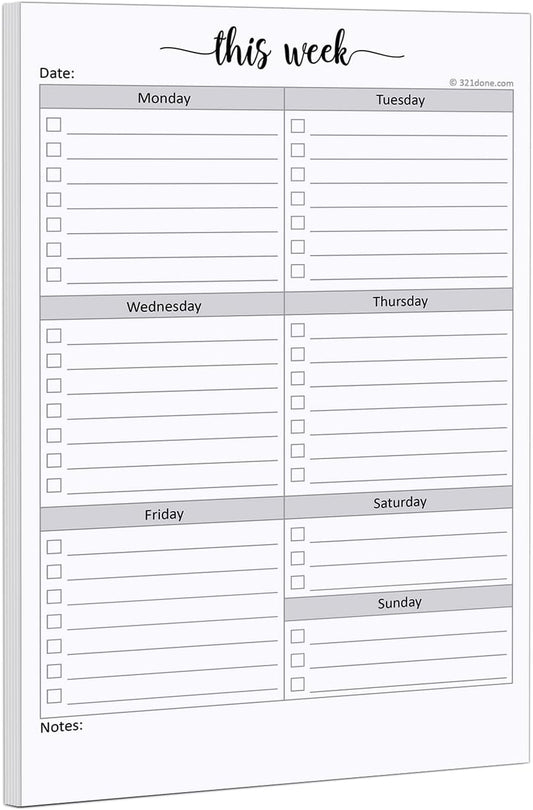 321Done Weekly Checklist Notepad - 50 Sheets (5.5" x 8.5") - This Week to Do Notepad Tear Off Planning Pad, Planner Checklist Organizing - Made in USA - Simple Script