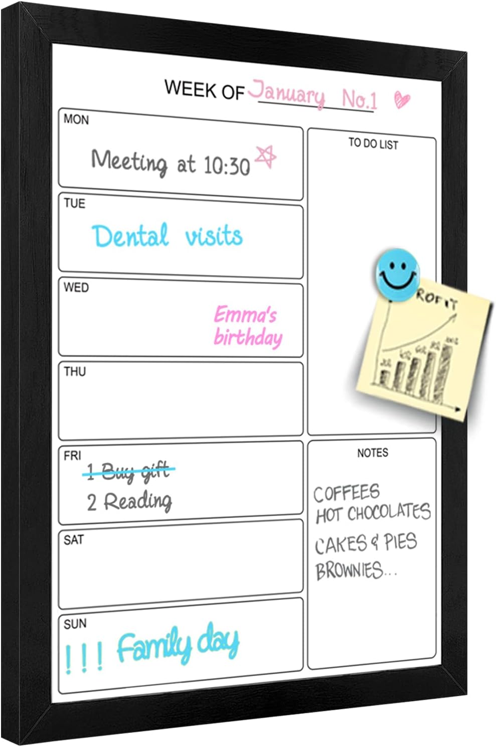 Weekly Dry Erase Whiteboard Calendar, 15.7"x11.8" Magnetic Surface Memo Board, Minimal Design Weekly Planner for Wall, Black Wood Frame Dry Erase Board for Office School Home(ZLBB-S-BK-3040)