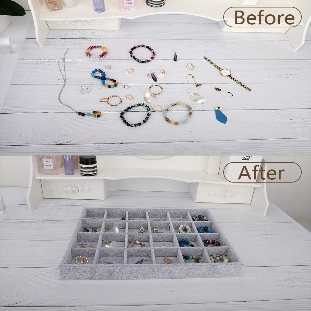 Emibele Glasses Organizer Jewelry Tray, 8 Grids with Clear Lid Velvet Tray Watch Storage Stackable Jewelry Showcase Display Storage with Detachable Inner Dividers, Beige