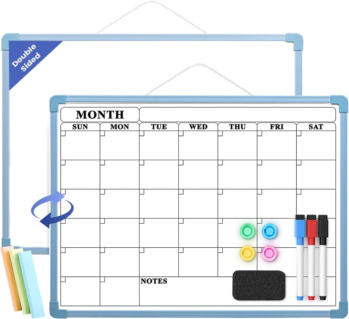 Monthly Whiteboard Calendar for Wall, Small 16" x 12" Dry Erase Board with Plastic Frame, Hanging Dry Erase Calendar with 3 Mini Sticky Notes for Kitchen Planner, Memo, Home and Office