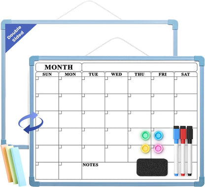 Monthly Whiteboard Calendar for Wall, Small 16" x 12" Dry Erase Board with Plastic Frame, Hanging Dry Erase Calendar with 3 Mini Sticky Notes for Kitchen Planner, Memo, Home and Office