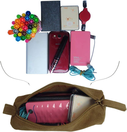 Heavy Canvas Stationery Portable Compact Simple Zipper Pencil Case and Durable Small Medicine Bag 1 Pack Khaki