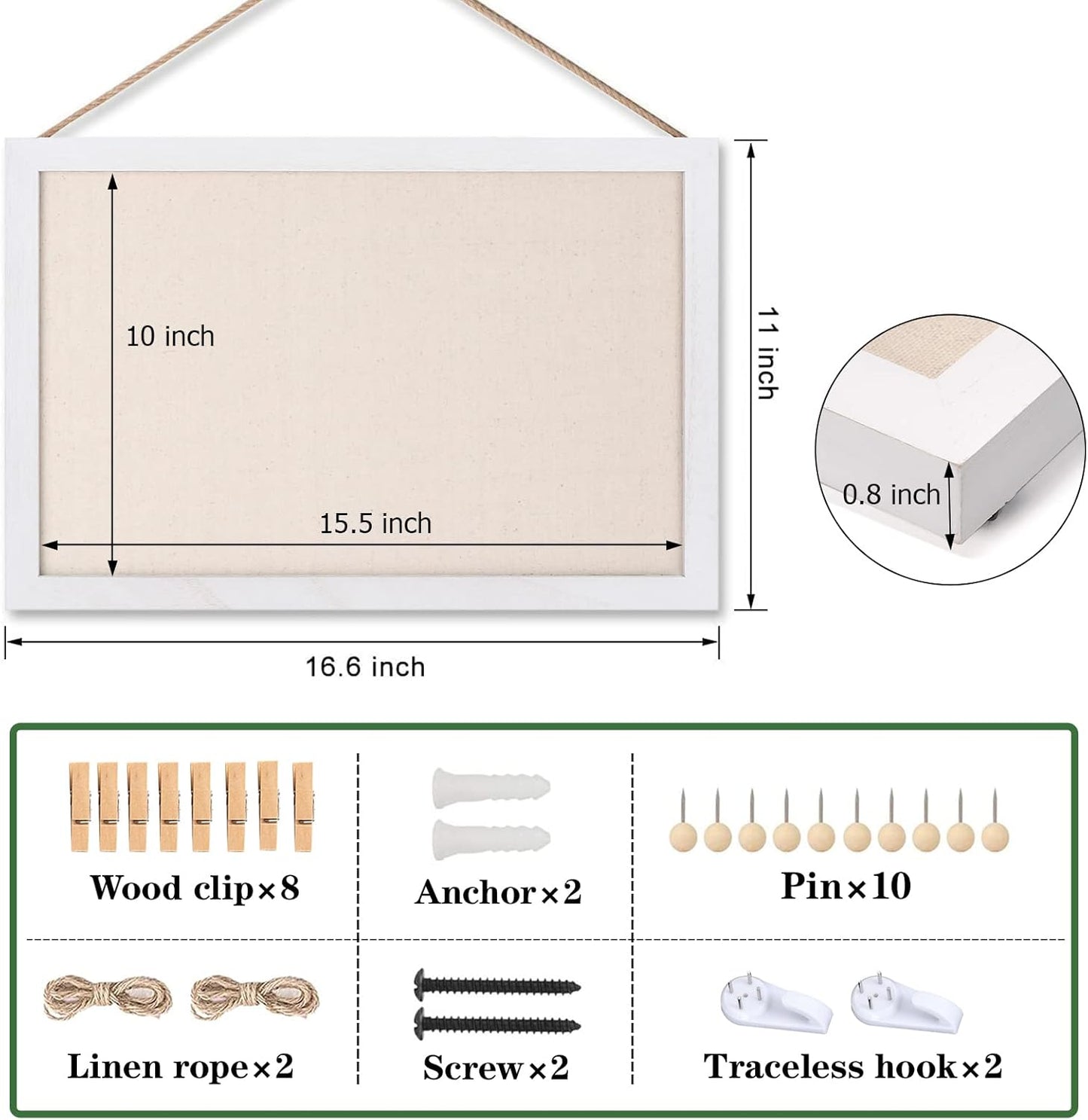 Emfogo Cork Board Vision Board, 16 "x11 White Linen Cork Boards for Walls with Frame, Pin Board Bulletin Board for Home Kitchen School Office Decor