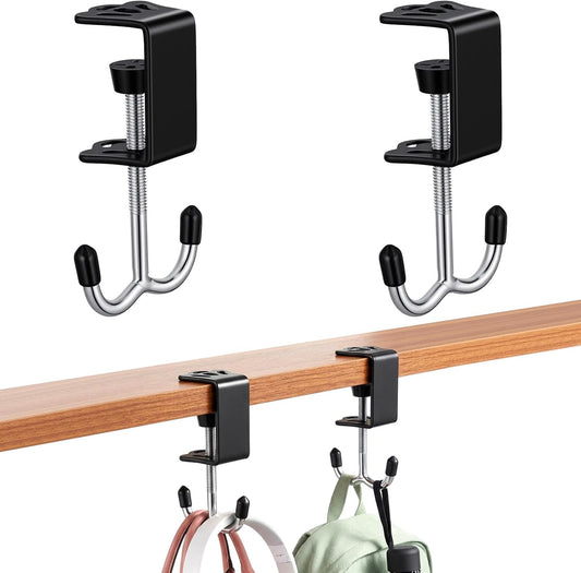 2PCS Heavy-Duty Purse Hooks for Table and Desk, Clamp-On Under Desk Hooks, Table Alloy Hanger, Adjustable Desktop Bag Hook for Handbag, Backpack, Headphone, Umbrellas, Office-Table Accessories (Black)