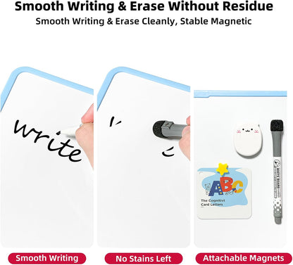 Colorful Dry Erase White Board 8.3x11in, Magnetic Desktop Board with Stand, 2 Markers (Eraser Head), 4 Magnets - Double-Sided Easel for Daily Planning, Memo, Office/Home/School (Blue)