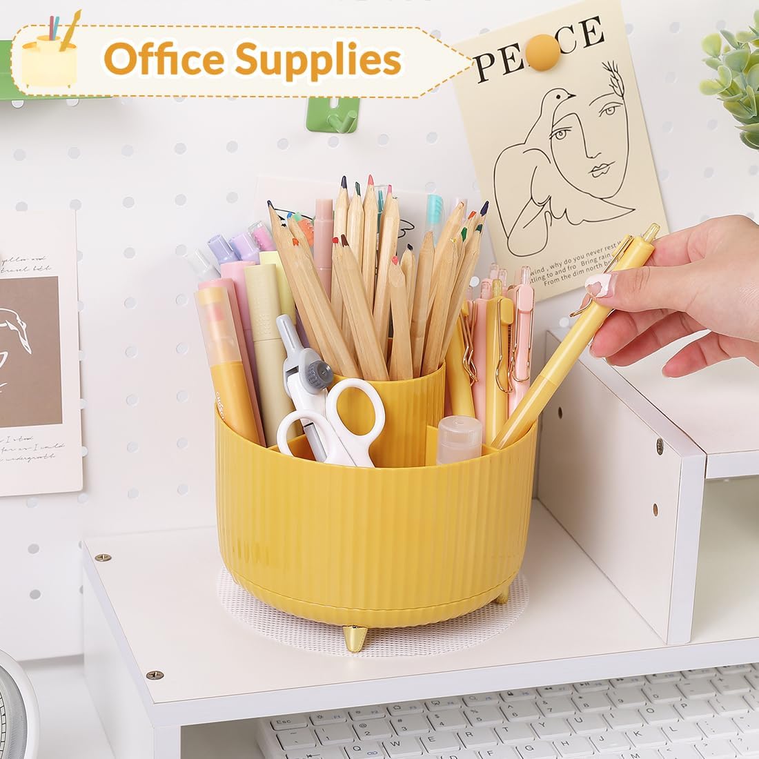 SKYDUE 360 Rotating Plastic Desk Pen Organizer with 5 Slots, Dual-Purpose Art Supply Pencil Cup for Office, School, Home