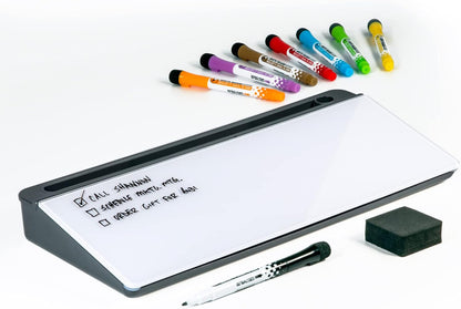 Glassboard Studio Glass Dry Erase Doodle Tray for Desktop Office Supply Storage - Marker and Eraser Included (8 Markers, White)