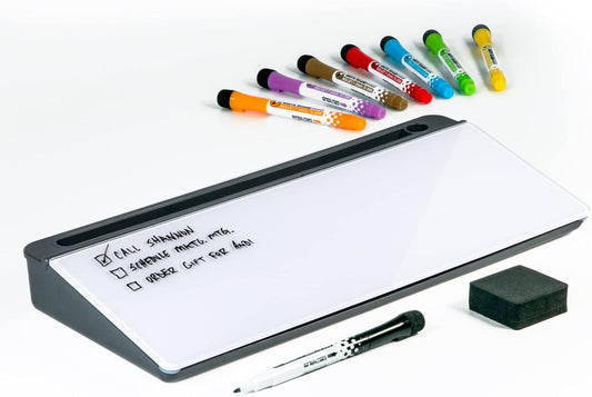 Glassboard Studio Glass Dry Erase Doodle Tray for Desktop Office Supply Storage - Marker and Eraser Included (8 Markers, White)