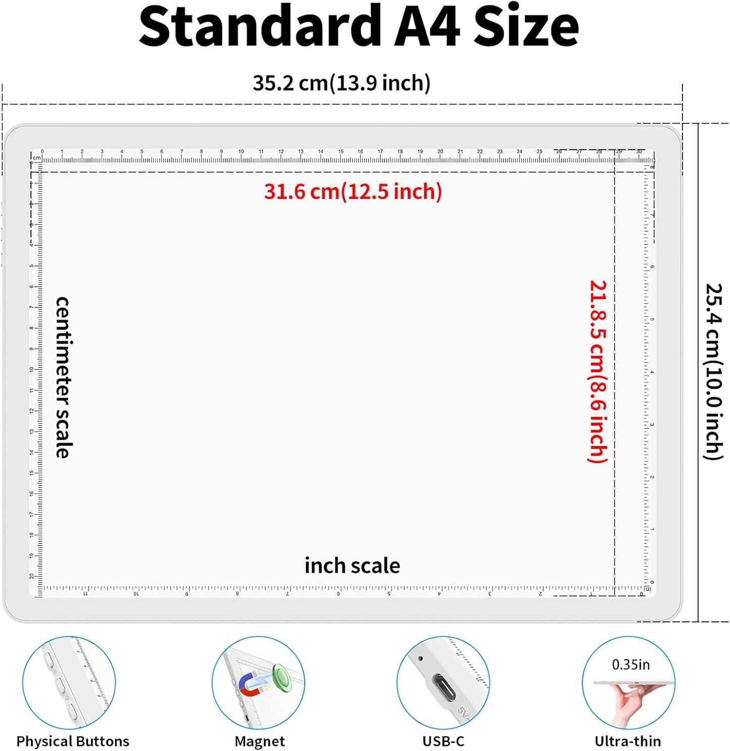 Phylosal Rechargeable A3 LED Light Pad for Diamond Painting, Ultra-Thin Magnetic Tracing Light Box for Drawing, Diamond Art Light Board with Side Button, Super Bright Light Table for Sketching (White)
