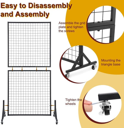 3 Packs 1.8' x 5.7' Grid Wall Panels Standing Wire Grid, Display Rack with T-Base Wheels Freestanding Gridwall Panel Tower for Shows, Black