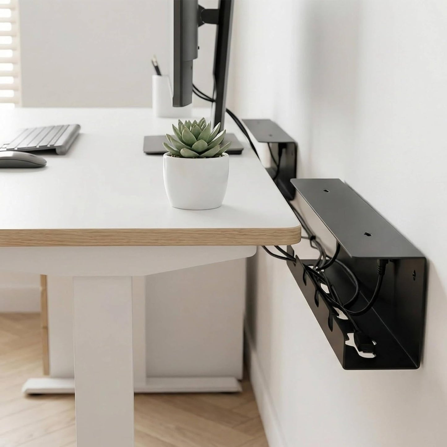 Ovanmexis Under Desk Cable Management Tray (2-Pack) with Quick-Release Mount - Snap-On Tool-Free, Includes Magnetic Cable Clips & Straps, No Drill Hidden Base for Home Office Standing Desk (Black)