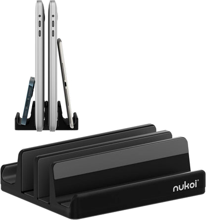 Vertical Laptop Stand - SPACEMax Adjustable GRIPLock Anti-Tip Silicone 4 Slots Aluminum Desktop Holder - Double Dock Stand - 2 Phone Slots Fits Up to 17.3” Laptops, Tablets, Phones - Silver