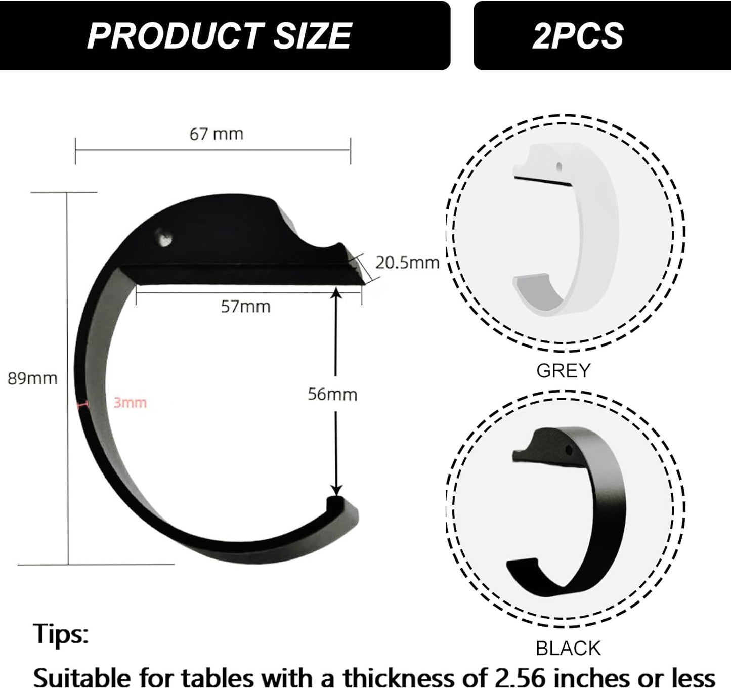 2PCS Purse Hook for Table Purse Hanger for Desk Portable Desk Bag Hook Non-slip Purse Holder for Table High-Strength Alloy Material for Durability Hangers for Table for Heavy Loads((Black and Gray)