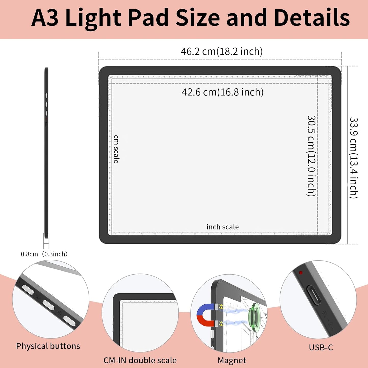 YINGWOND Rechargeable A4 Light Box for Tracing,Ultra-Thin 9000LUX Super Bright Wireless Light Pad with Adjustable Brightness Color,13.9x10 in Light Board for Diamond Painting Drawing Sketching