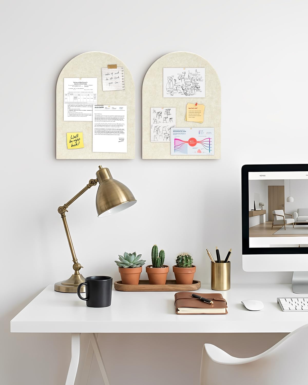 Arched Felt Bulletin Board, Cork Board Alternative for Wall, 10.6in x 14.6in Self-Adhesive Pin Board, 0.35" Thick 2 Pack for Home Office Decor (Camel-2727-2p)
