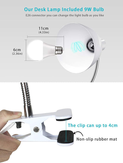 Desk lamp Eye-Caring Table Lamps, 360°Rotation Gooseneck Clip on Lamp Reading Light Portable Reading Book Light Clamp Study Desk Lamps for Bedroom and Office Home Lighting (Black)