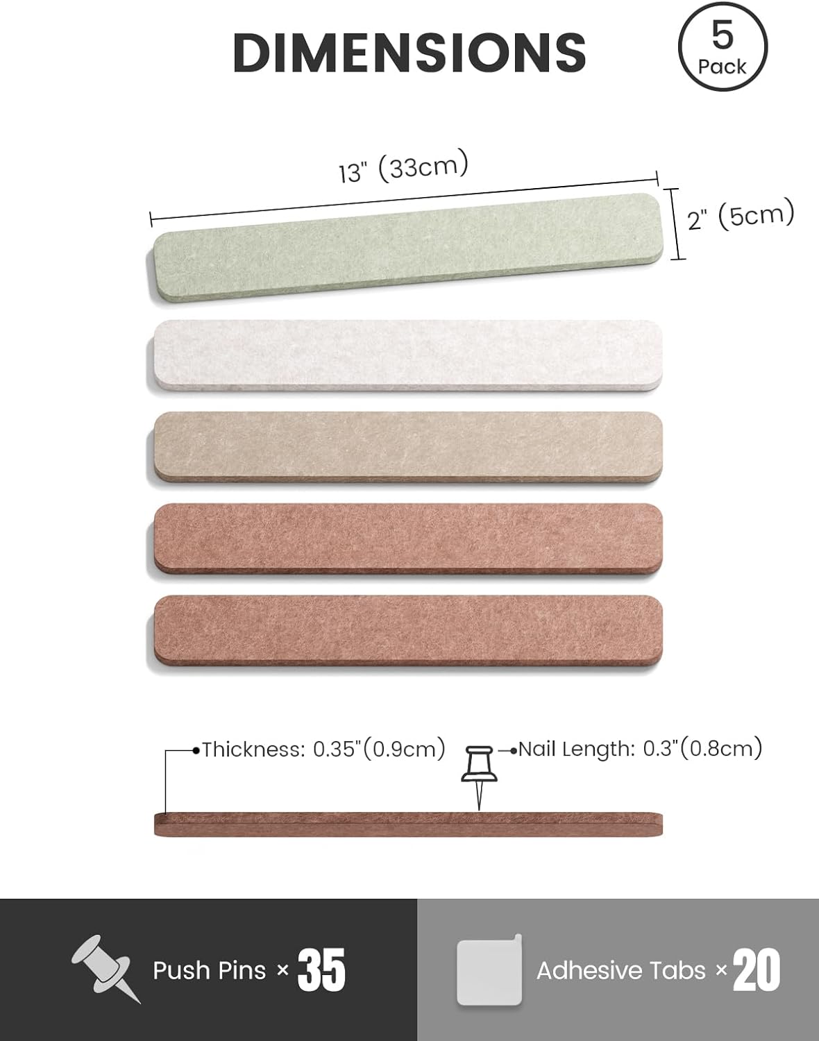 Fluxynara Cork Board Alternative Felt Strip Board 8-Pack 13"x2", Office Pin Board with 50 Push Pins, Adhesive Install for Bedroom Door & Home Office(Linen Dusk)