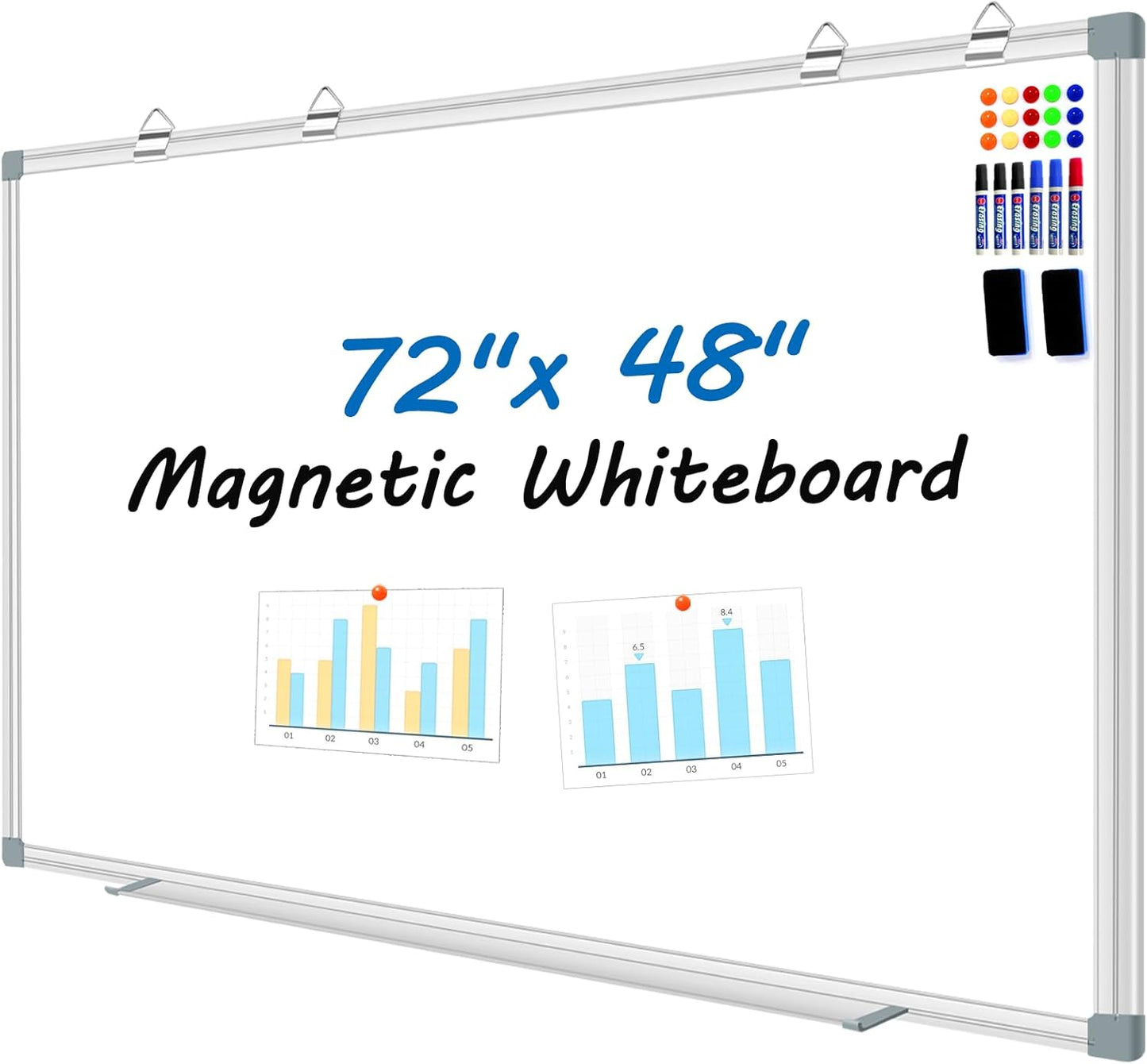 H-Qprobd 6'x4' Large Magnetic White Board Dry Erase Whiteboard with Black Aluminum Frame, 72"X48" Magnet Presentation Wall Boards for Office, Classroom, School, Home