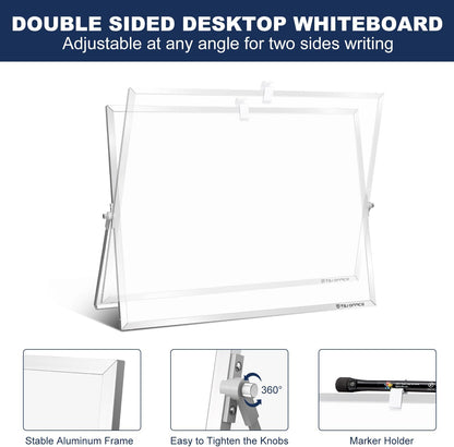 TSJ OFFICE Small White Board - 12 X 16 Inches Small Magnetic Dry Erase Board with Hooks for Wall, Desktop Whiteboard Stand 360 Degrees Revolving Double Sided for Office, Home, School, Silver