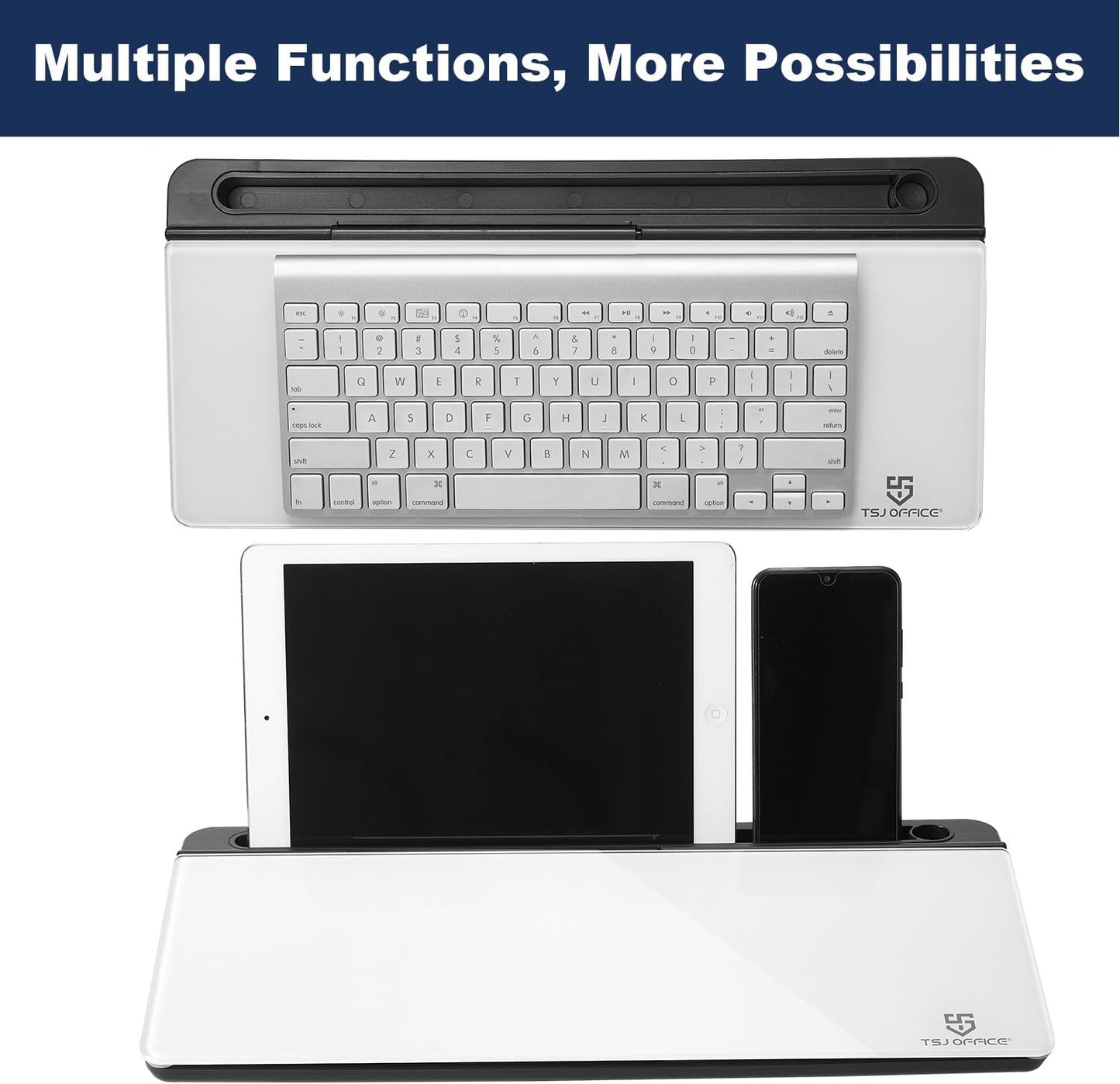 TSJ OFFICE Small Desktop Whiteboard -Glass Dry Erase Board Computer Keyboard Stand White Board Surface Pad with Drawer, Desk Organizers with Accessories for Office, Home, School Supplies - White