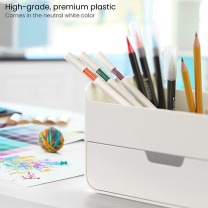 ARTEZA Desktop Pen and Marker Organizer, 6-Compartment White Pen Holder for Desk with Stationery Drawer, Makeup Organizer