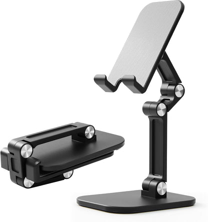 Foldable Desk Phone Stand, Adjustable Phone Holder, Heavy Non-Slip Base, Charging Hole, Thick Case Friendly Cradle for Most Smartphones, iPhone Samsung iPad Tablet Home Office Travel