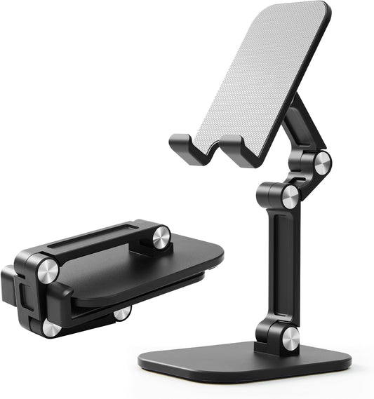 Foldable Desk Phone Stand, Adjustable Phone Holder, Heavy Non-Slip Base, Charging Hole, Thick Case Friendly Cradle for Most Smartphones, iPhone Samsung iPad Tablet Home Office Travel