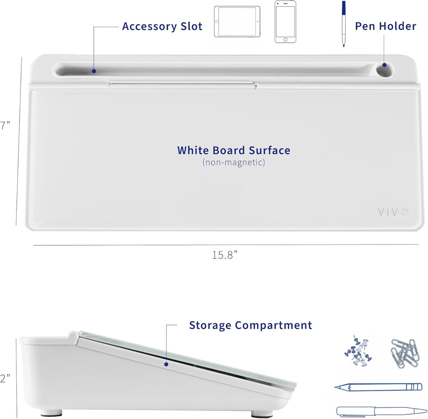 Vivo Glass 16 x 7 inch Dry Erase Board with Storage, Desktop Whiteboard Organizer with Hidden Compartments and Device Slot, Black, DESK-WB16B