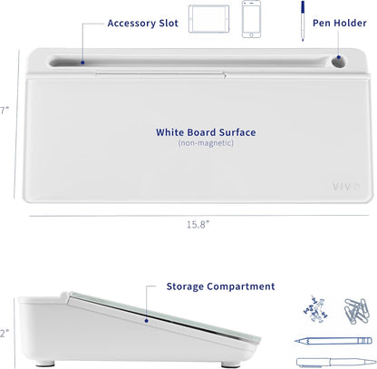 Vivo Glass 16 x 7 inch Dry Erase Board with Storage, Desktop Whiteboard Organizer with Hidden Compartments and Device Slot, Black, DESK-WB16B