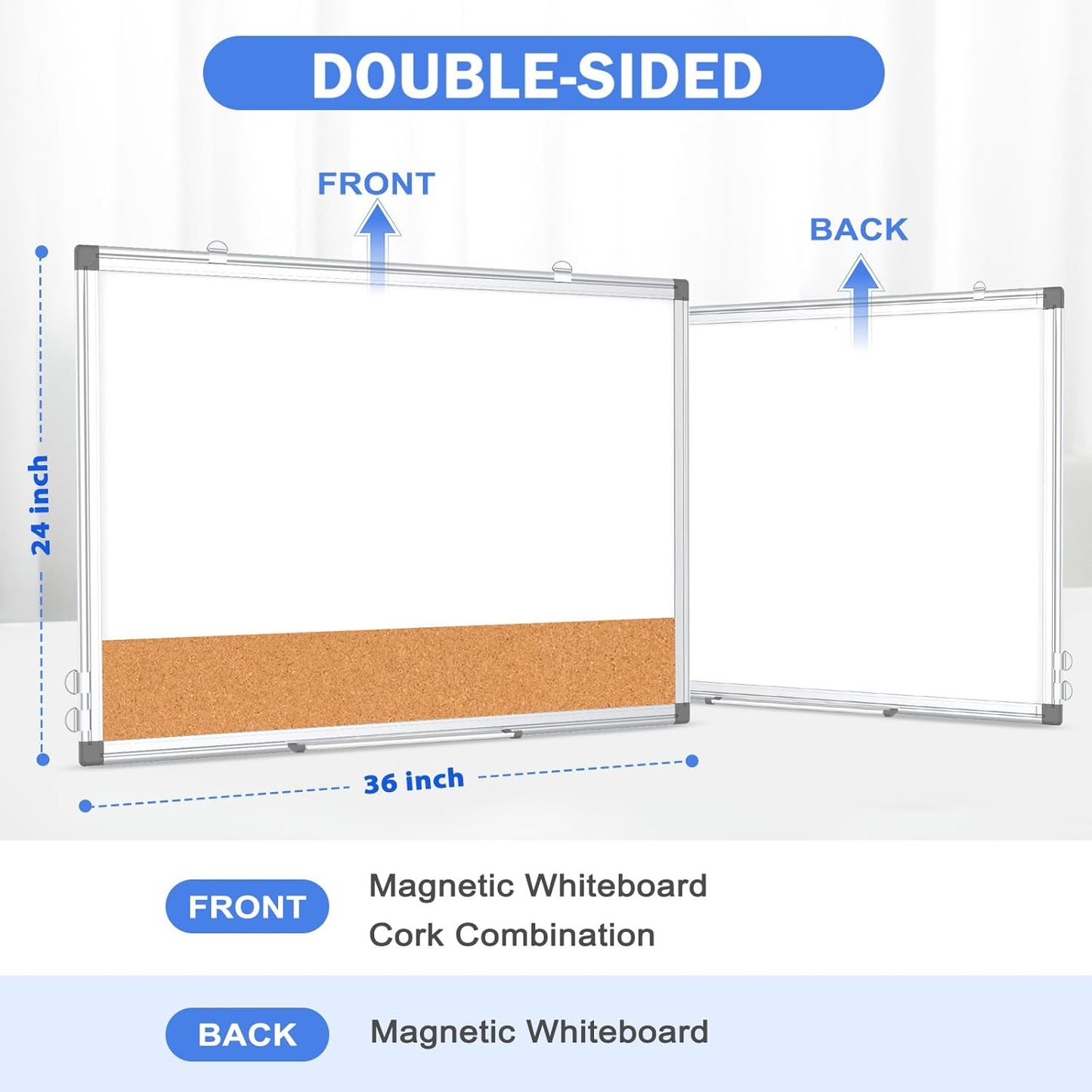 Weekly Dry Erase Calendar Whiteboard for Wall, 24" x 18" Double-Sided Weekly Planner White Board Cork Combo, Hanging & Wall Mount Week Bulletin Board with Notes for Home, Office, School, Kitchen
