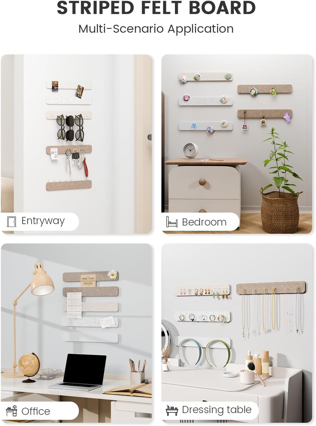 Fluxynara Cork Board Alternative Felt Strip Board 8-Pack 13"x2", Office Pin Board with 50 Push Pins, Adhesive Install for Bedroom Door & Home Office(Linen Dusk)