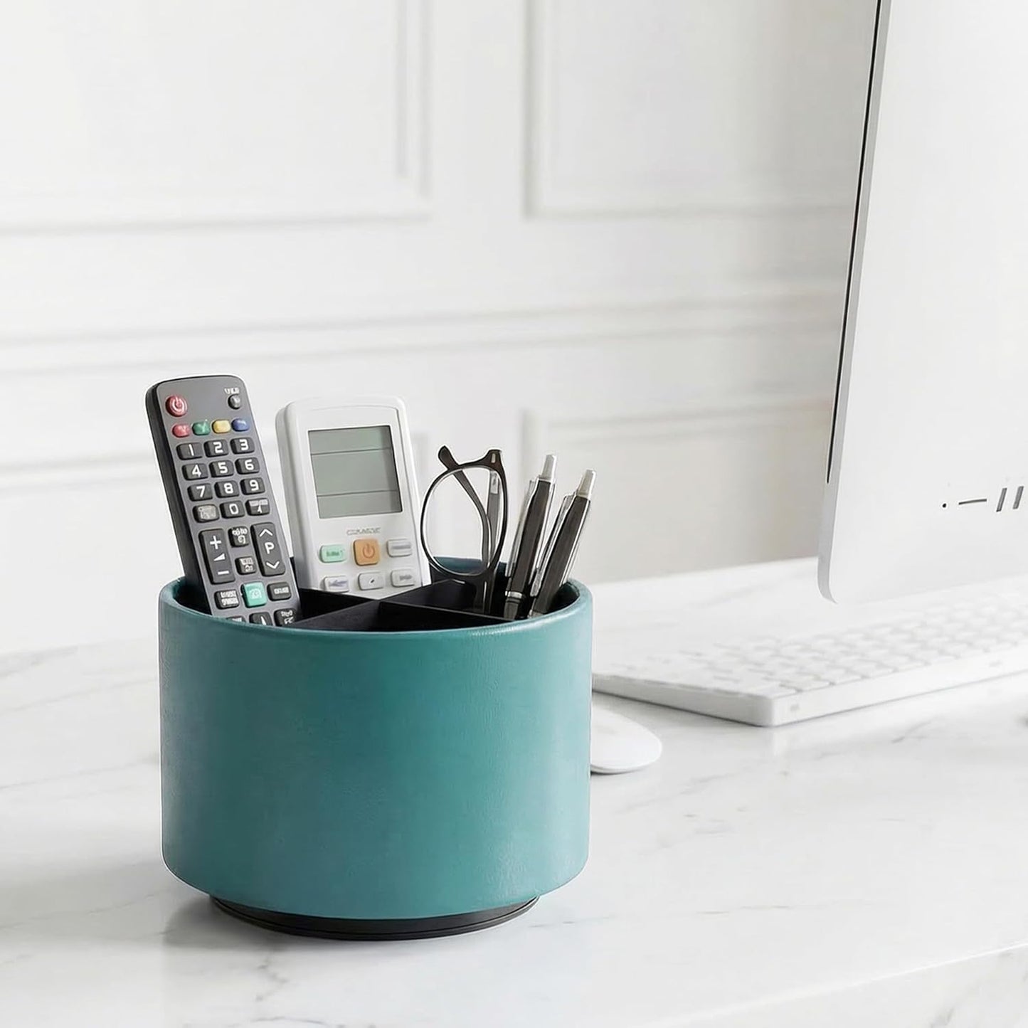Round Leather Art Supply Organizer,Remote Control Holder,360 Degree Rotating,Multi-Functional Pencil Holder,4 Compartments Desktop Stationary Organizer(1-Fractal Flower) | Round - Colors C