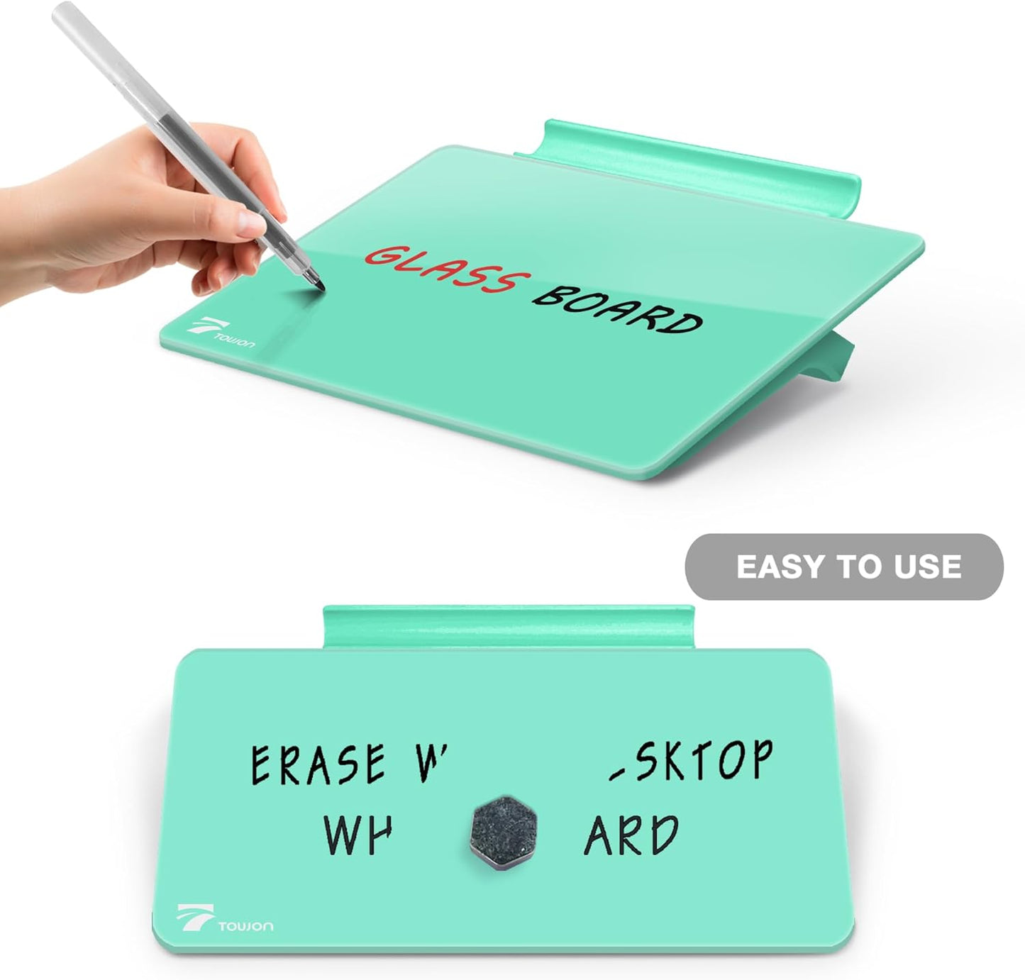 TOWON Small Glass Dry Erase Board, Desk White Board with Standing, Mini Whiteboard Easel Pad Set, Stenography Artifact for Office, Home and School Supplies, 8x6 Inches, Black
