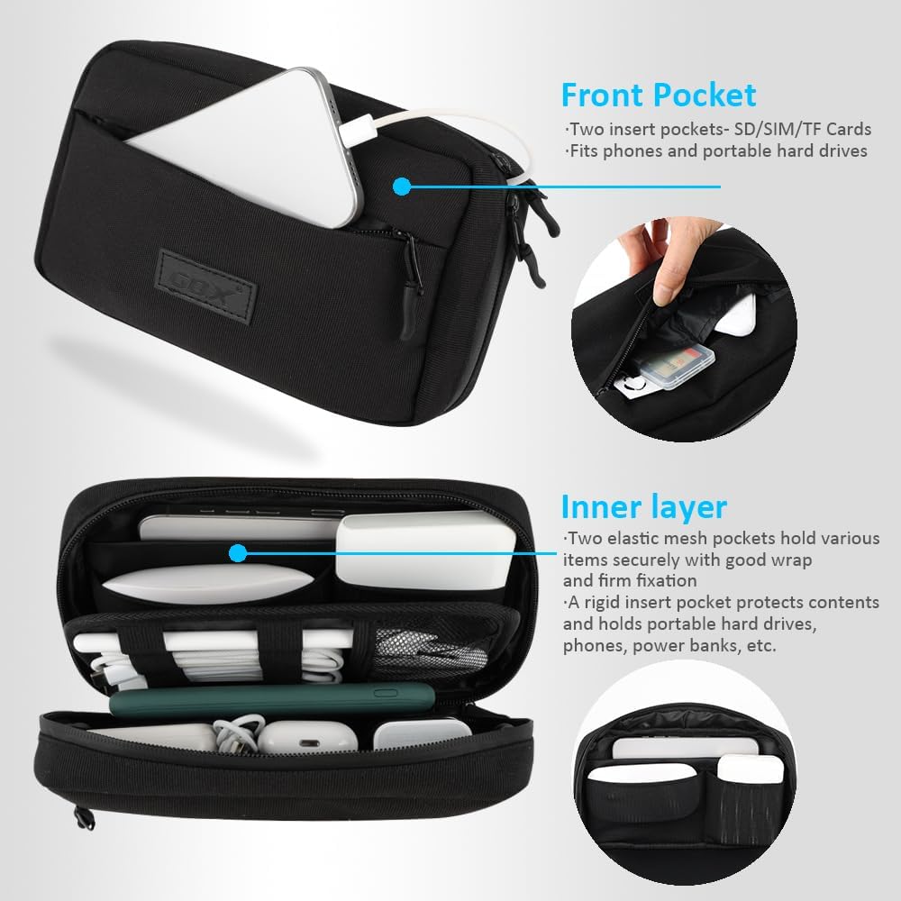 GOX Cable Organizer Travel Bag, Water Resistant Electronic Accessories Case, All-in-One Tech Storage Pouch for Chargers, Cords, Batteries,Phone, Hard Drive & Power Bank, Black