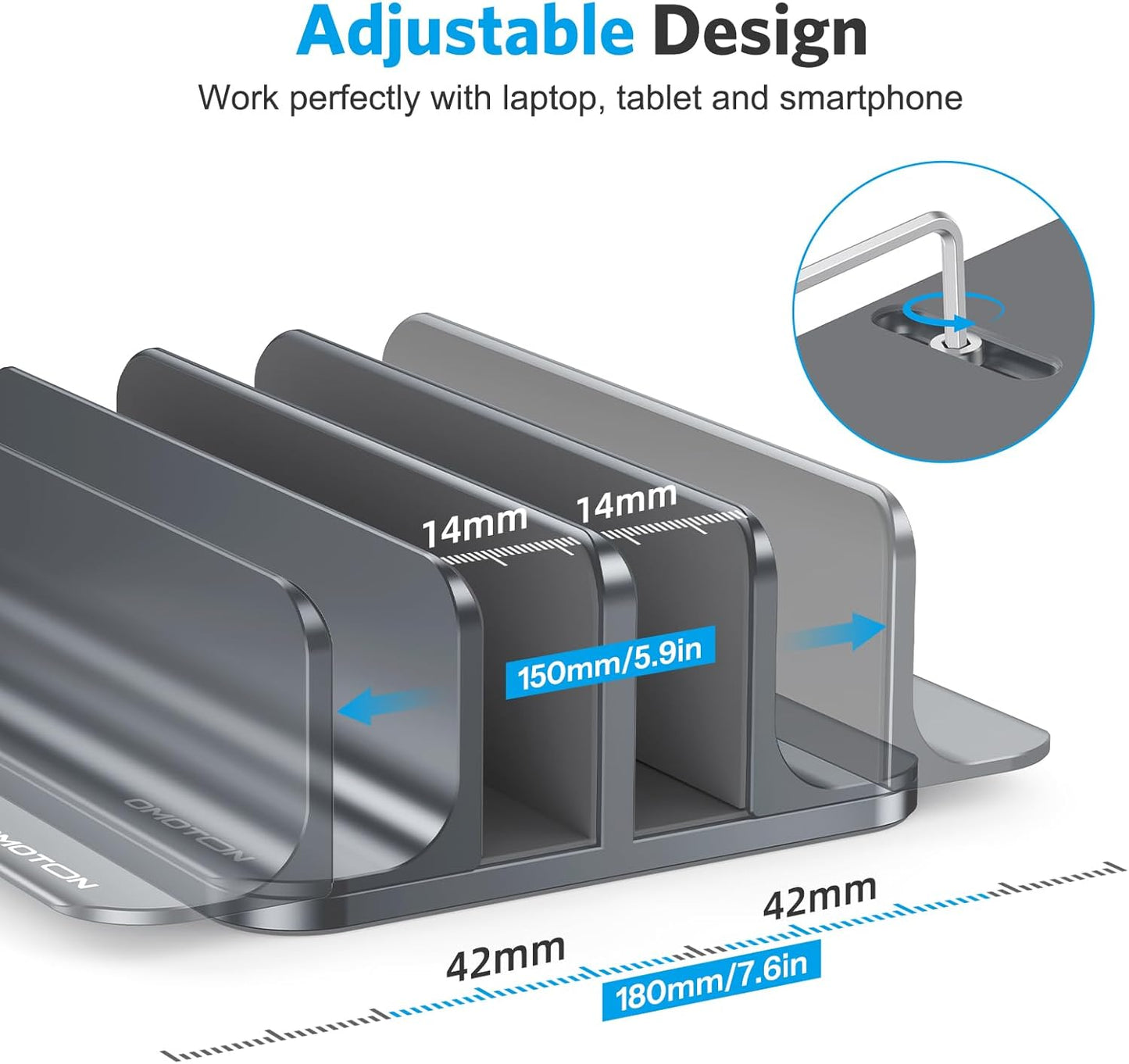 OMOTON Vertical Laptop Stand [Updated Double Version], Desktop Aluminum Mac Book Stand with Adjustable Dock Size, Fits All Mac Book, Surface, Chrome Book and Gaming Laptops (Up to 17.3 inch) (Black)