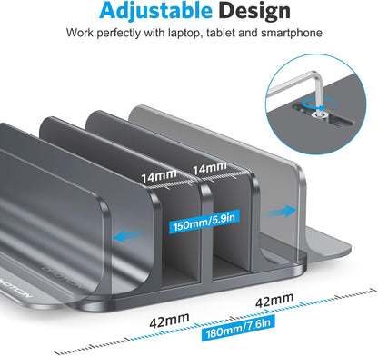 OMOTON Vertical Laptop Stand [Updated Double Version], Desktop Aluminum Mac Book Stand with Adjustable Dock Size, Fits All Mac Book, Surface, Chrome Book and Gaming Laptops (Up to 17.3 inch) (Black)