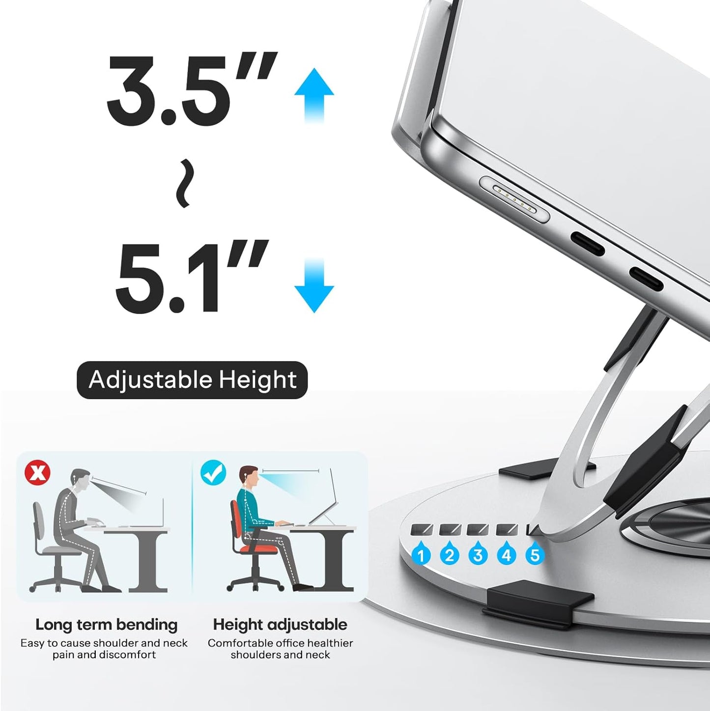OMOTON Portable Laptop Stand for Desk, Ergonomic Computer Stand with 360° Rotating Base, 5-Level Adjustable Aluminum Foldable Mount, Compatible for 10-15.6" Laptops