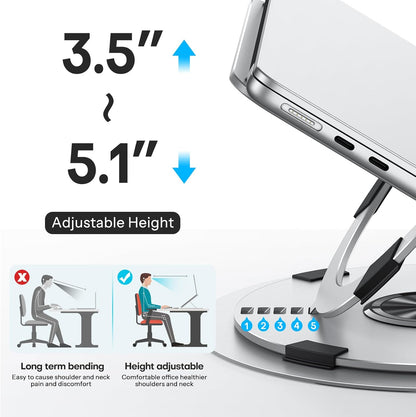 OMOTON Portable Laptop Stand for Desk, Ergonomic Computer Stand with 360° Rotating Base, 5-Level Adjustable Aluminum Foldable Mount, Compatible for 10-15.6" Laptops