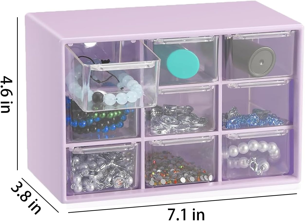 Small Drawer Organizer for Desk, 7.1" x 3. 8" x 4.6" Mini Desktop Drawer Organizer with 9 Clear Drawers, Plastic Desktop Craft Storage Box for Desk Office School Home (White)