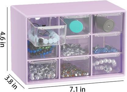 Small Drawer Organizer for Desk, 7.1" x 3. 8" x 4.6" Mini Desktop Drawer Organizer with 9 Clear Drawers, Plastic Desktop Craft Storage Box for Desk Office School Home (White)