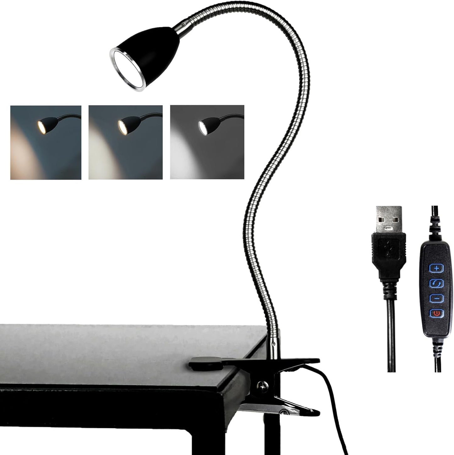 Desk lamp Eye-Caring Table Lamps, 360°Rotation Gooseneck Clip on Lamp Reading Light Portable Reading Book Light Clamp Study Desk Lamps for Bedroom and Office Home Lighting (Black)
