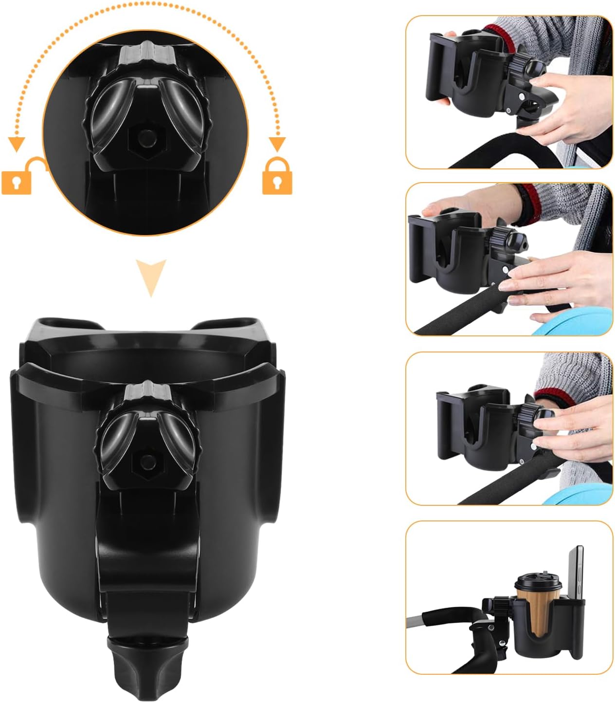 Universal Stroller Cup Holder with Phone Holder, 360°Rotatable Bottle Holder with Strong Clip, Accessories for Stroller, Bike, Wheelchair, Walker, Scooter (UM-SCH-B2409, Large)