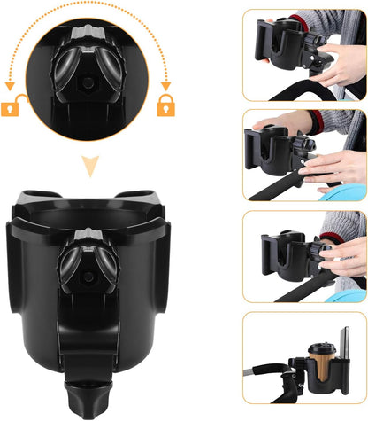 Universal Stroller Cup Holder with Phone Holder, 360°Rotatable Bottle Holder with Strong Clip, Accessories for Stroller, Bike, Wheelchair, Walker, Scooter (UM-SCH-B2409, Large)